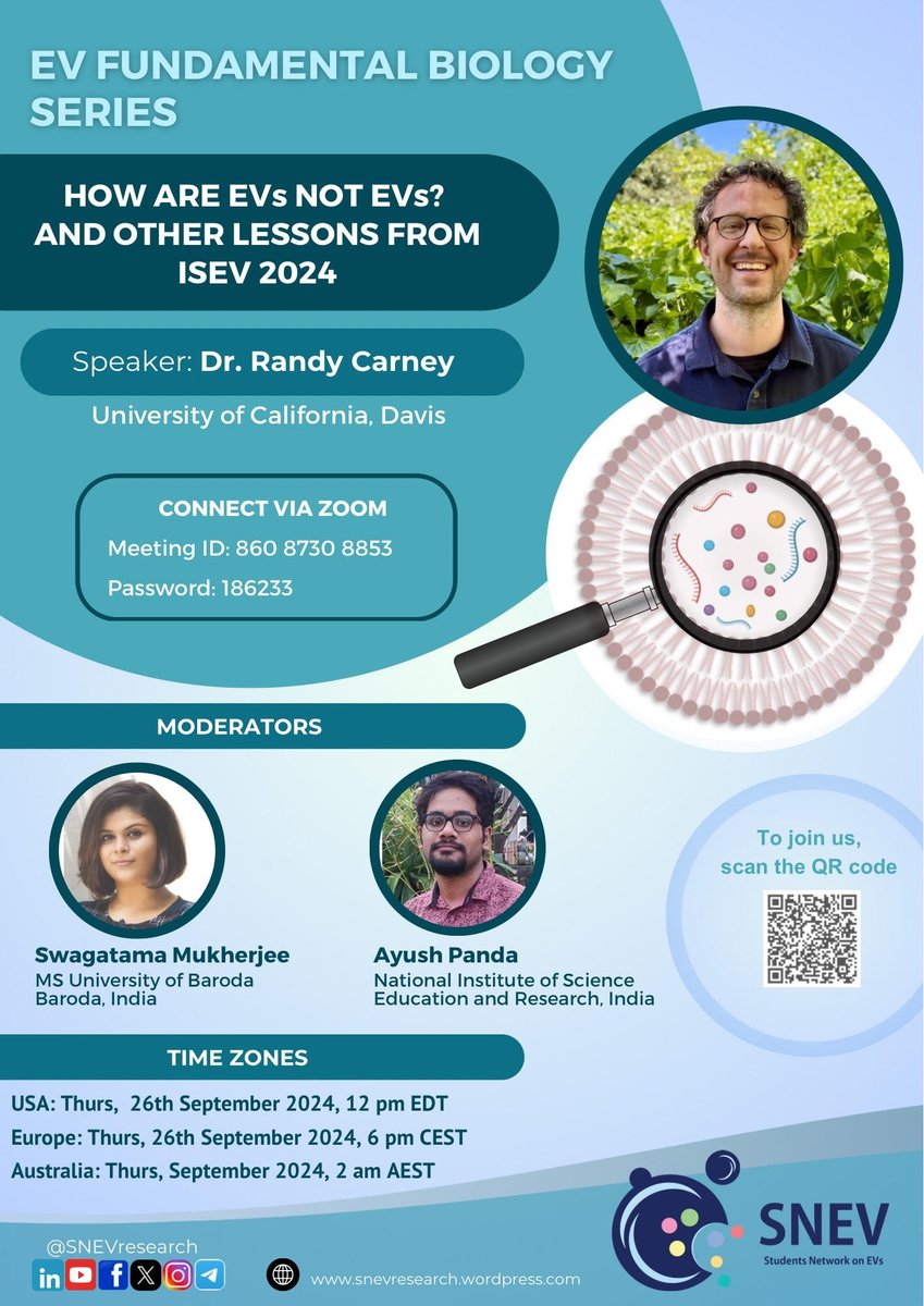 Student Network on EVs (@snevresearch) on Twitter photo 🚨Tomorrow!🚨
This September 26th, join us for our new SNEV EV Fundamental Biology series starting with <a href="/carney_lab/">Randy Carney</a>, giving a talk that challenges the traditional view of EVs!
🕒TimeZone: notime.zone/O6zbblSCjuol3
🎯Subscribe here to SNEV mailing list: t.ly/vUY9g 🚨Tomorrow!🚨
This September 26th, join us for our new SNEV EV Fundamental Biology series starting with <a href="/carney_lab/">Randy Carney</a>, giving a talk that challenges the traditional view of EVs!
🕒TimeZone: notime.zone/O6zbblSCjuol3
🎯Subscribe here to SNEV mailing list: t.ly/vUY9g