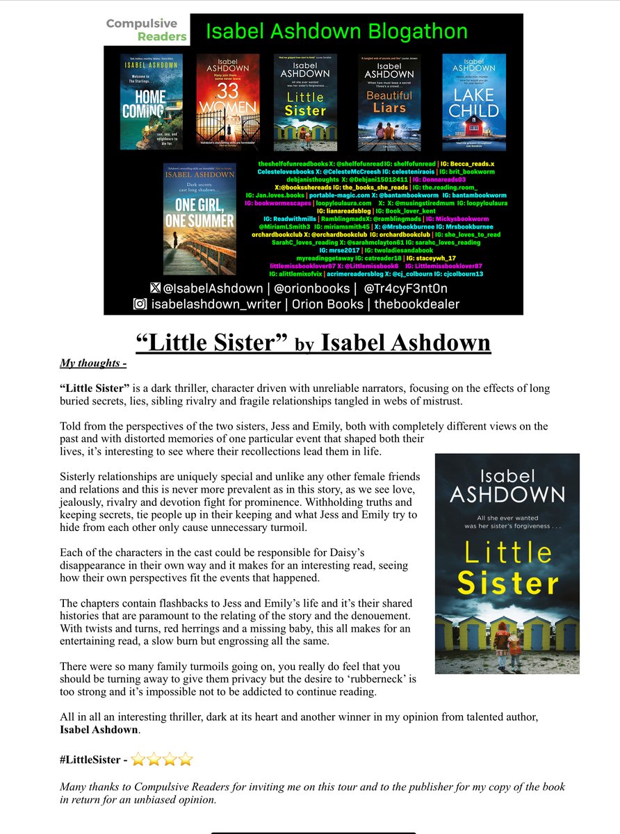 MiriamLSmith3's tweet photo. It’s blog tour day for #IsabelAshdown’s #LittleSister for @Tr4cyF3nt0n @orionbooks - read my thoughts &amp; more below -

#AMothersMusingsSunderland #AMakemMothersMusings #PyschologicalThriller #IsleOfWight #CompulsiveReaders #Sisters #FamilyRelationships #DistortedMemories https://t.co/BaYvolzABU