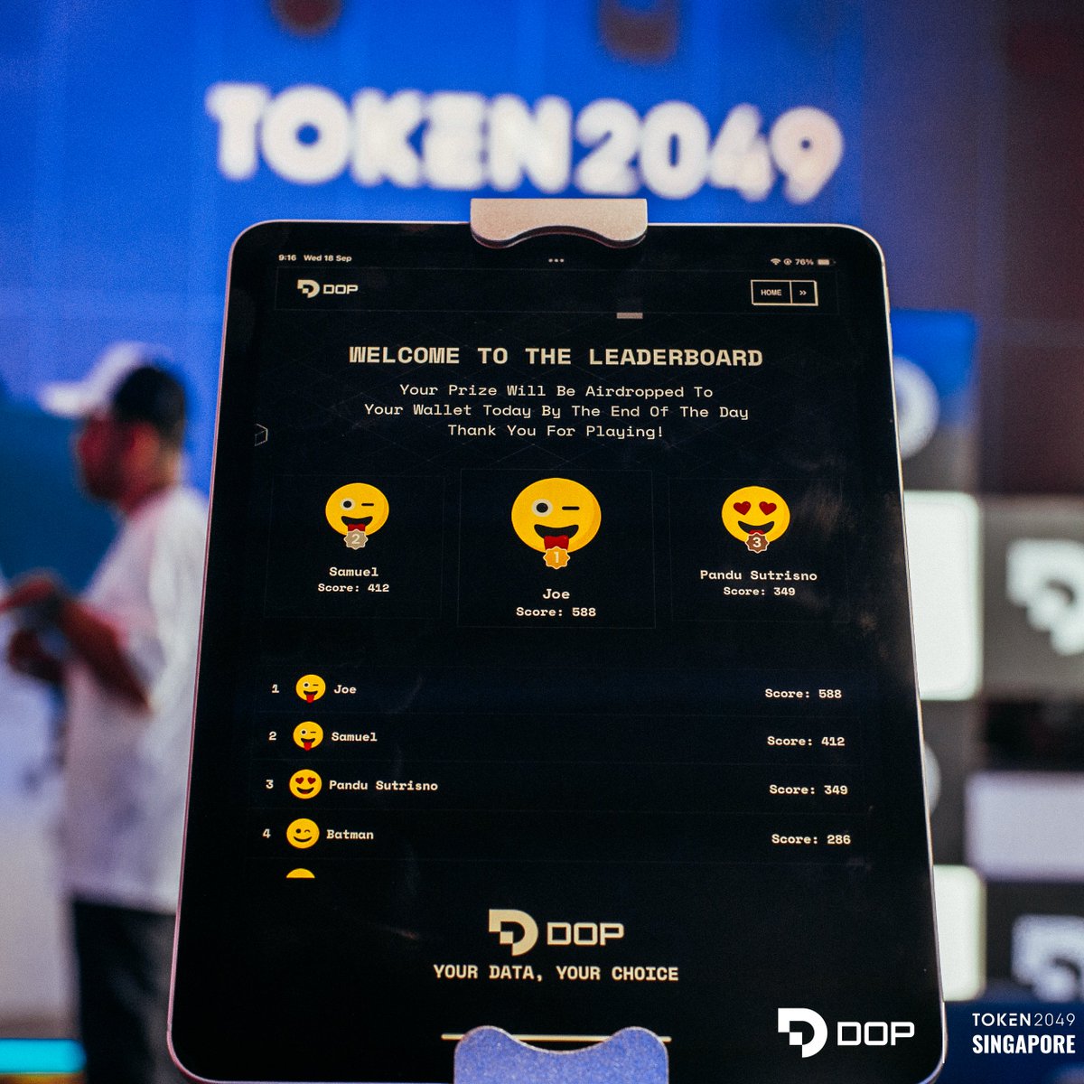 Our interactive on-site activities are a hit at #Token2049 
Test your skills, climb the leaderboard, and grab some exclusive DOP merch. Who will make it to the top?