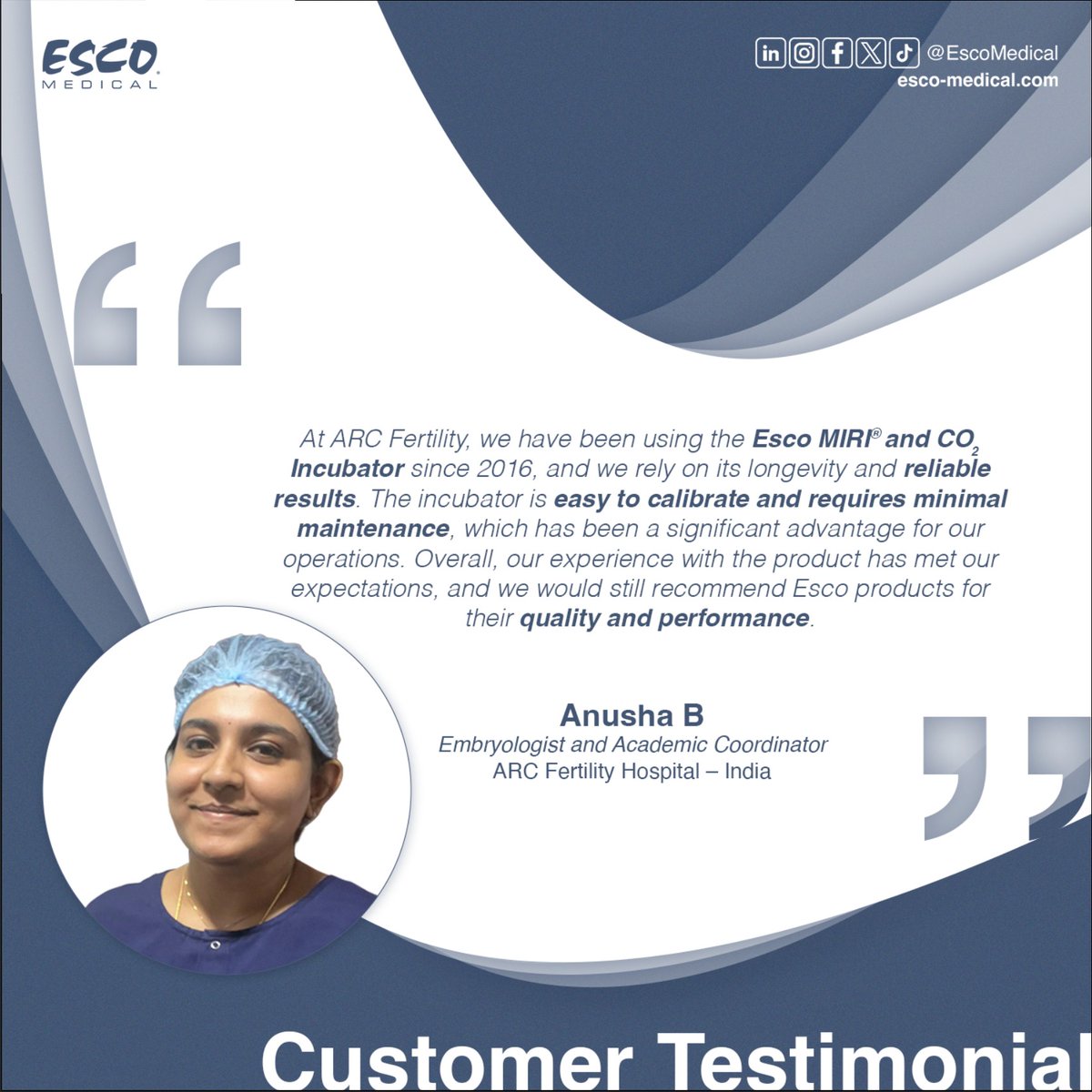 Customer Testimonial | ARC Fertility Hospital

"At ARC Fertility, we have been using the Esco #MIRI® and CO₂ Incubator since 2016, and we rely on its longevity and reliable results."

For more information  visit esco-medical.com

#EscoMedical #IVFIncubator #Embryology