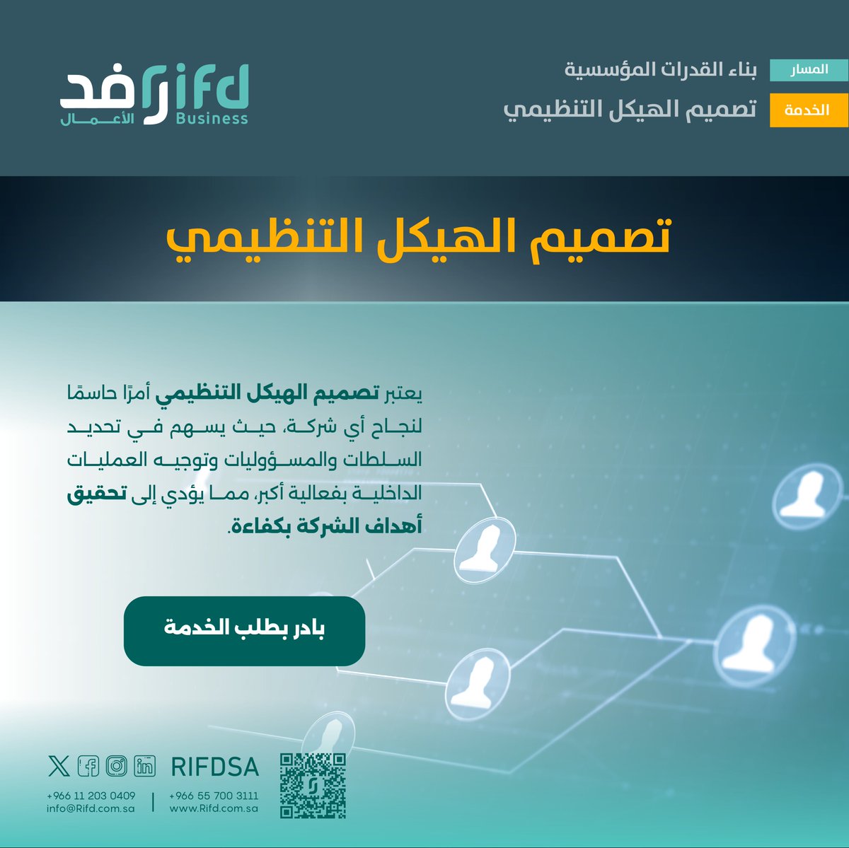 تصميم الهيكل التنظيمي

يعتبر تصميم الهيكل التنظيمي أمرًا حاسمًا لنجاح أي شركة، حيث يسهم في تحديد السلطات والمسؤوليات وتوجيه العمليات الداخلية بفعالية أكبر، مما يؤدي إلى تحقيق أهداف الشركة بكفاءة.
ونحن في رفد الأعمال نعمل معكم على تصميم الهيكل التنظيمي لمنظمتكم وفق منهجية احترافية