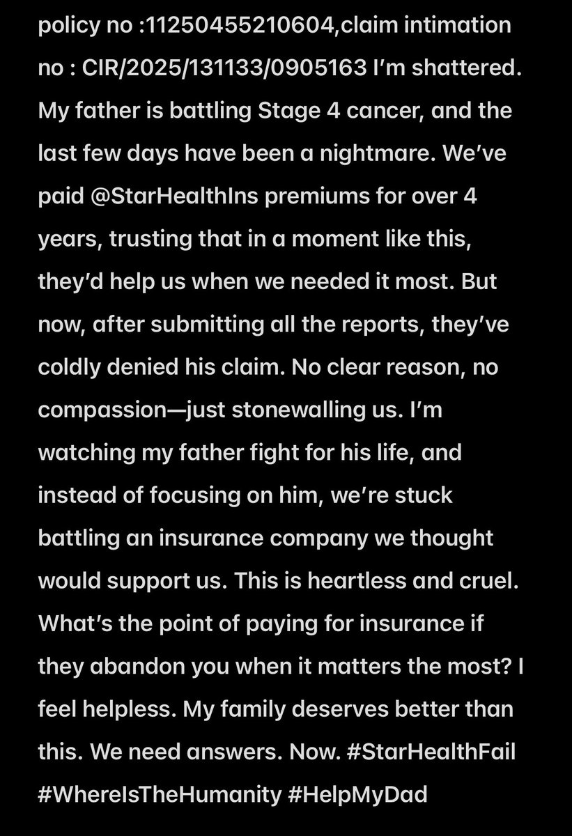 rakeshyama8055's tweet image. @StarHealthIns policy no :11250455210604,claim intimation no : CIR/2025/131133/0905163 #HelpMyDad #starhealthfail #whereisthehumanity #pleasehelpus