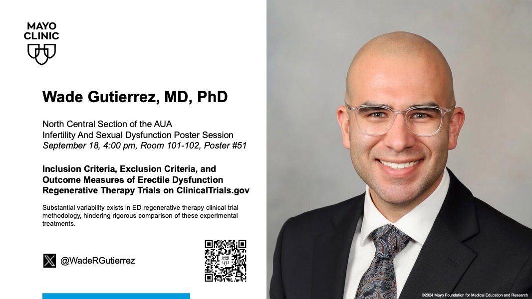 Mayo Clinic Urology (@mayourology) on Twitter photo Today at the #NCSAUA24 4pm poster session, <a href="/WadeRGutierrez/">Wade R. Gutierrez, MD, PhD</a> presents "Inclusion Criteria, Exclusion Criteria, and Outcome Measures of Erectile Dysfunction Regenerative Therapy Trials on CLINICALTRIALS.GOV".
<a href="/NCSAUA/">North Central Section AUA</a> <a href="/AmerUrological/">Amer. Urol. Assn.</a> <a href="/mjziegelmann/">Matthew Ziegelmann</a> Today at the #NCSAUA24 4pm poster session, <a href="/WadeRGutierrez/">Wade R. Gutierrez, MD, PhD</a> presents "Inclusion Criteria, Exclusion Criteria, and Outcome Measures of Erectile Dysfunction Regenerative Therapy Trials on CLINICALTRIALS.GOV".
<a href="/NCSAUA/">North Central Section AUA</a> <a href="/AmerUrological/">Amer. Urol. Assn.</a> <a href="/mjziegelmann/">Matthew Ziegelmann</a>