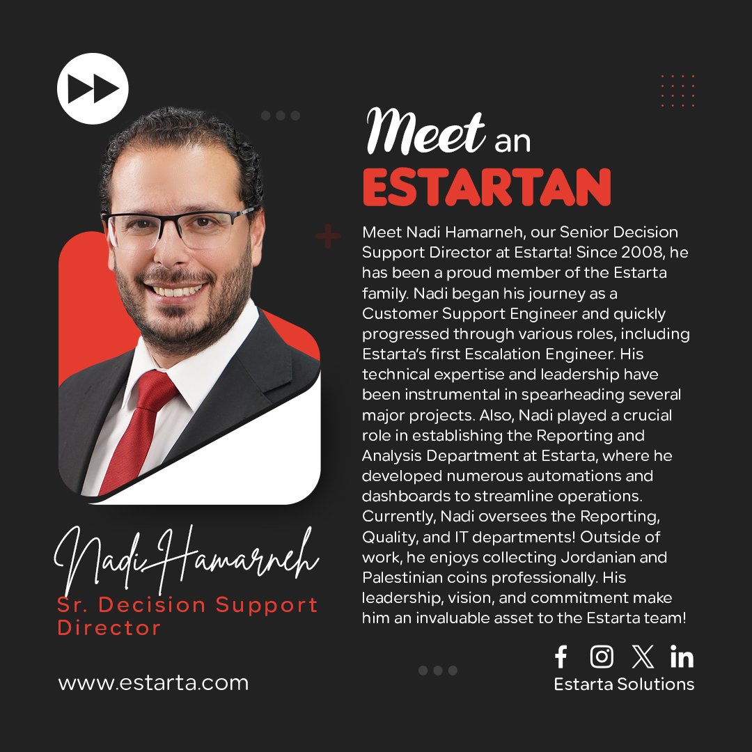 Estarta's tweet photo. Meet an Estartan!
Today we have: Nadi Hamarneh - Senior Decision Support Director

#estarta #estartasolutions #meetanestartan #Estarta #ICT #Jordan #Greece #womeninstem #Amman #Athens #Egypt #Jeddah #Riyadh #SaudiArabia #KSAjobs #NewyorkJobs #2030Vision #GermanyJobs #SaudiVision https://t.co/AclefBxigl