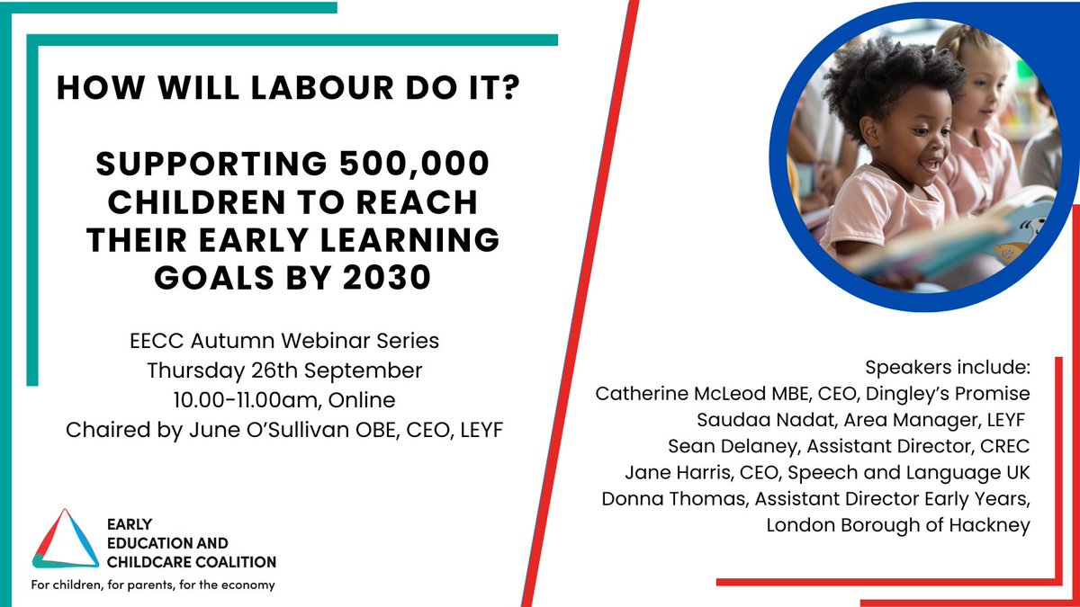 📢NEW WEBINAR

Join us next week for the second webinar in our Autumn series exploring Labour's pledge for 500,000 children reach their Early Learning Goals by 2030.

With <a href="/LEYFonline/">LEYF Nurseries</a> <a href="/_CREC/">CREC</a> <a href="/Dingley/">Dingley's Promise</a> <a href="/JuneOSullivan/">Dr June O'Sullivan OBE</a>  <a href="/SpeechAndLangUK/">Speech and Language UK</a> 

Register here 👉 bit.ly/3B7vBuR