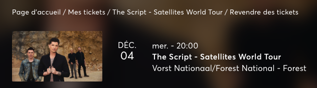 lucieverpoorten's tweet photo. I'm selling 2 tickets for The Script at Forest National on December 4. 59€ each (that's what i paid).

Section "LOGE 12", Row 2, Seat 1 &amp; 2.
Resale link : https://t.co/tcprPwFrM7

#thescript #resaletickets #forestnational #SatellitesWorldTour #belgium #voorstnational https://t.co/cSEcna8seE