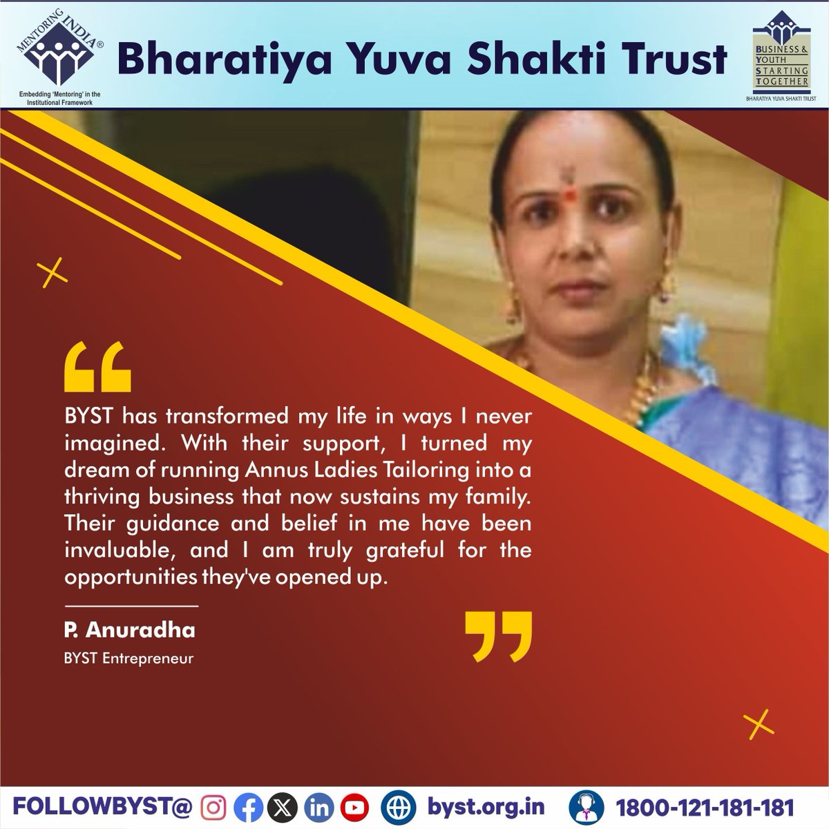 Empowered through the support of BYST, P. Anuradha successfully converted her passion into a prosperous venture. Her journey is a testament to the importance of mentorship and unwavering determination. 💫

#Entrepreneurship #WomenInBusiness #Mentorship #Inspiration #Empowerment