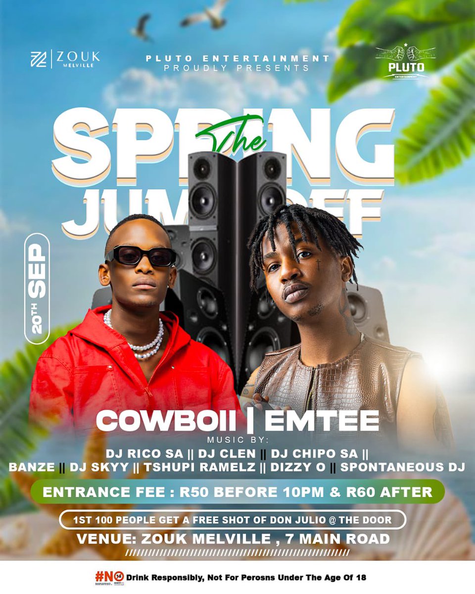 THE SPRING JUMP OFF Vol 1 

20th SEPTEMBER!!! 

@zoukmelville , 7 Main Road Melville, 

R50 @ the door &amp; FREE DON JULIO SHOTS