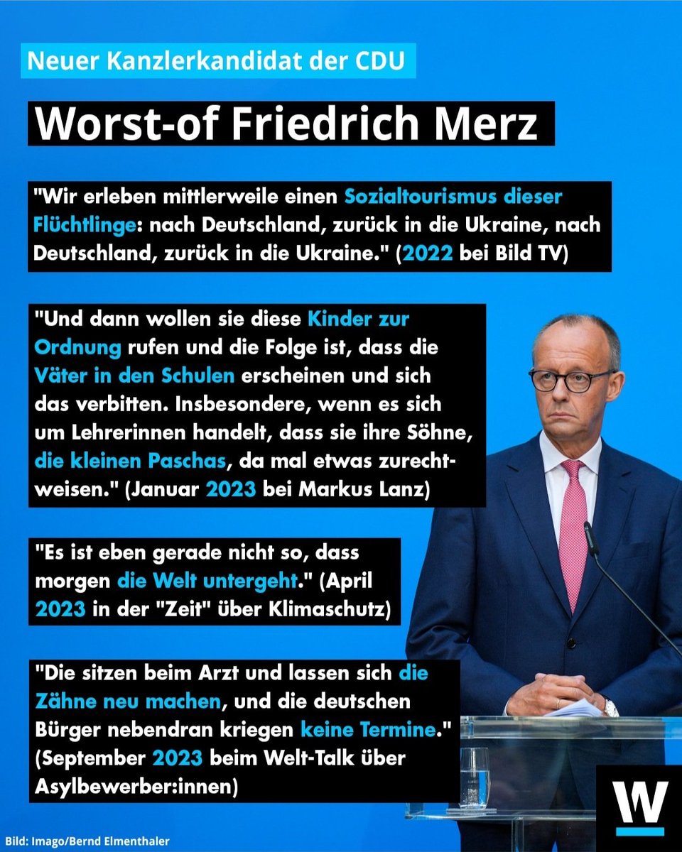 Wir haben jetzt ein Jahr Zeit, #Merz als Kanzler zu verhindern. Hier sind ein paar Argumente gegen ihn. 
Bitte sprecht auch mit allen Menschen in Eurem persönlichen Umfeld über ihn. Wir müssen insbesondere auch Nicht-Wähler mobilisieren.
#MerzKannEsNicht