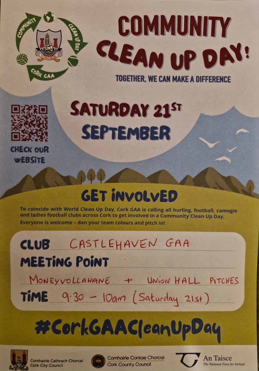All welcome to join our Community Clean Up Day on Saturday, 21st
Meeting points  - Moneyvollihane &amp; Blackfield - 930am - 10 am 
Gloves, Hi-Vis jackets &amp; litter &amp;  bags will be provided.
Wear club colours 
Contact Anthony  086 2513305 or Enda 086 8112757 
#CorkGAACleanUpDay