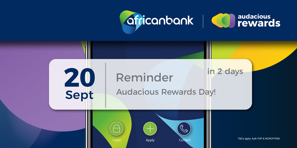 AfricanBank's tweet photo. Mark your calendars for Friday! 20 September is #AudaciousRewardsDay! Every 20th of the month, #AfricanBank customers can enjoy DOUBLE the rewards on their shopping.
Whether you're grabbing lunch or clearing your cart, you'll earn double the points when you use your African Bank debit or credit card. #AudaciousRewards members can spend their points on airtime, data, and much more in our online store.
Sign up for FREE via the African Bank App, dial *120*225#, or chat with us on WhatsApp at 060 012 3716.
Learn more: https://t.co/xZAvr35Mio
#RewardsYouCanCountOn