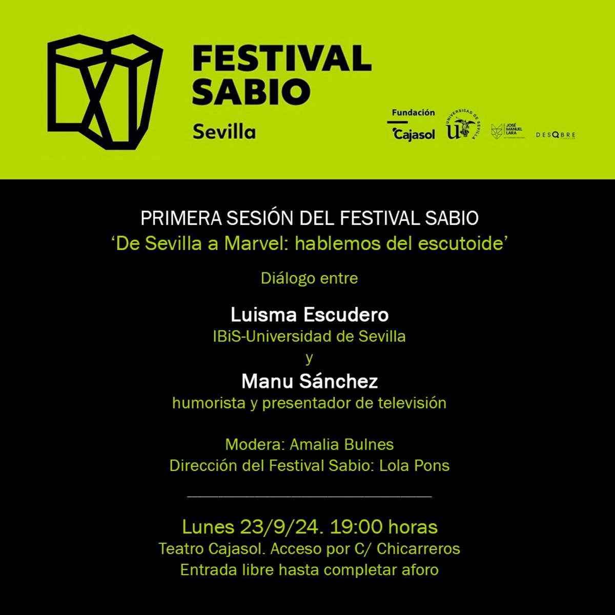 Luisma Escudero (@lmescu) on Twitter photo Pues estoy muy entusiasmado con la que se viene el lunes. Comienza el #FestivalSabio en #Sevilla.
<a href="/_ManuSanchez_/">Manu Sánchez</a> y yo estaremos hablando de ciencia, investigación en la <a href="/unisevilla/">Universidad de Sevilla</a>, y, por supuesto... de #escutoides.
Si me queréis venirrrrse. Va a ser muy divertido.
Please RT! Pues estoy muy entusiasmado con la que se viene el lunes. Comienza el #FestivalSabio en #Sevilla.
<a href="/_ManuSanchez_/">Manu Sánchez</a> y yo estaremos hablando de ciencia, investigación en la <a href="/unisevilla/">Universidad de Sevilla</a>, y, por supuesto... de #escutoides.
Si me queréis venirrrrse. Va a ser muy divertido.
Please RT!