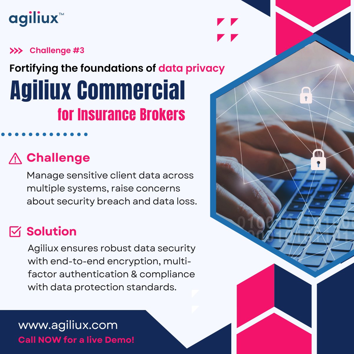 #DataPrivacy  matters more than ever! #AgiliuxCommercial is here to support #insurancebrokers in safeguarding client information with top-tier security measures. 

Don’t compromise on #dataprotection—schedule a demo now! 

More details on: agilux.com.