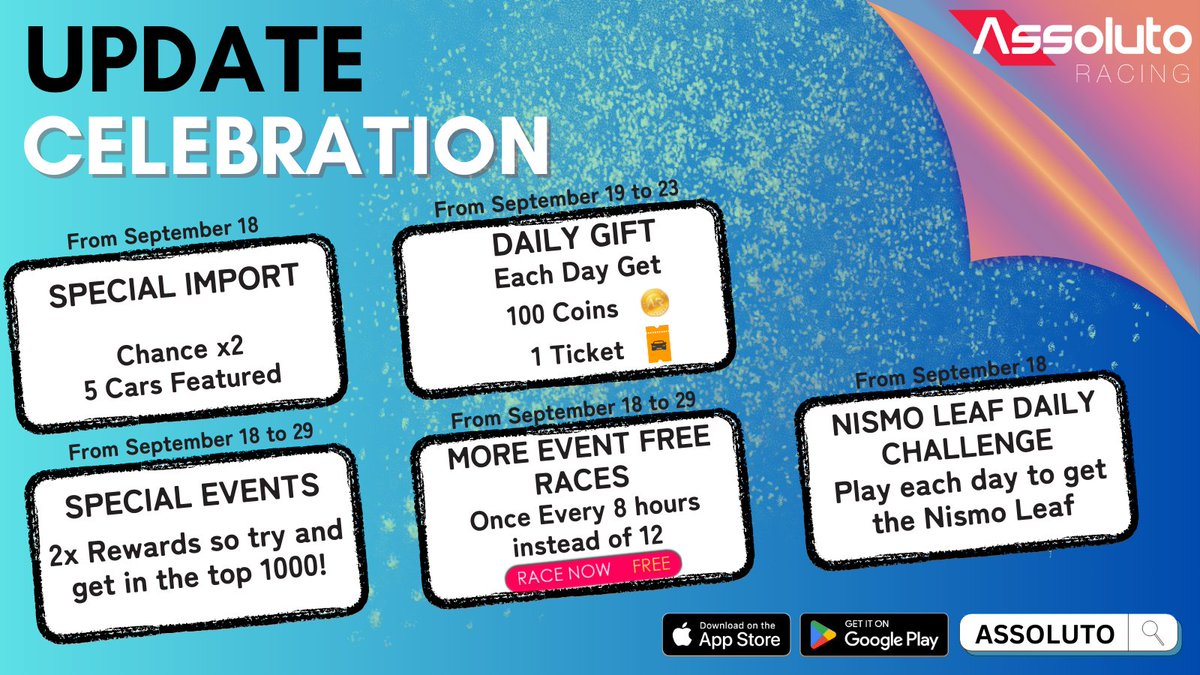 AssolutoRacing's tweet image. Update is now available for download!
Check out this image to see the events we have prepared.

*There is currently an issue preventing plyers from drifting in Ebisu Kita. We plan on fixing this issue this week. Thank you for your patience.

#AssolutoRacing