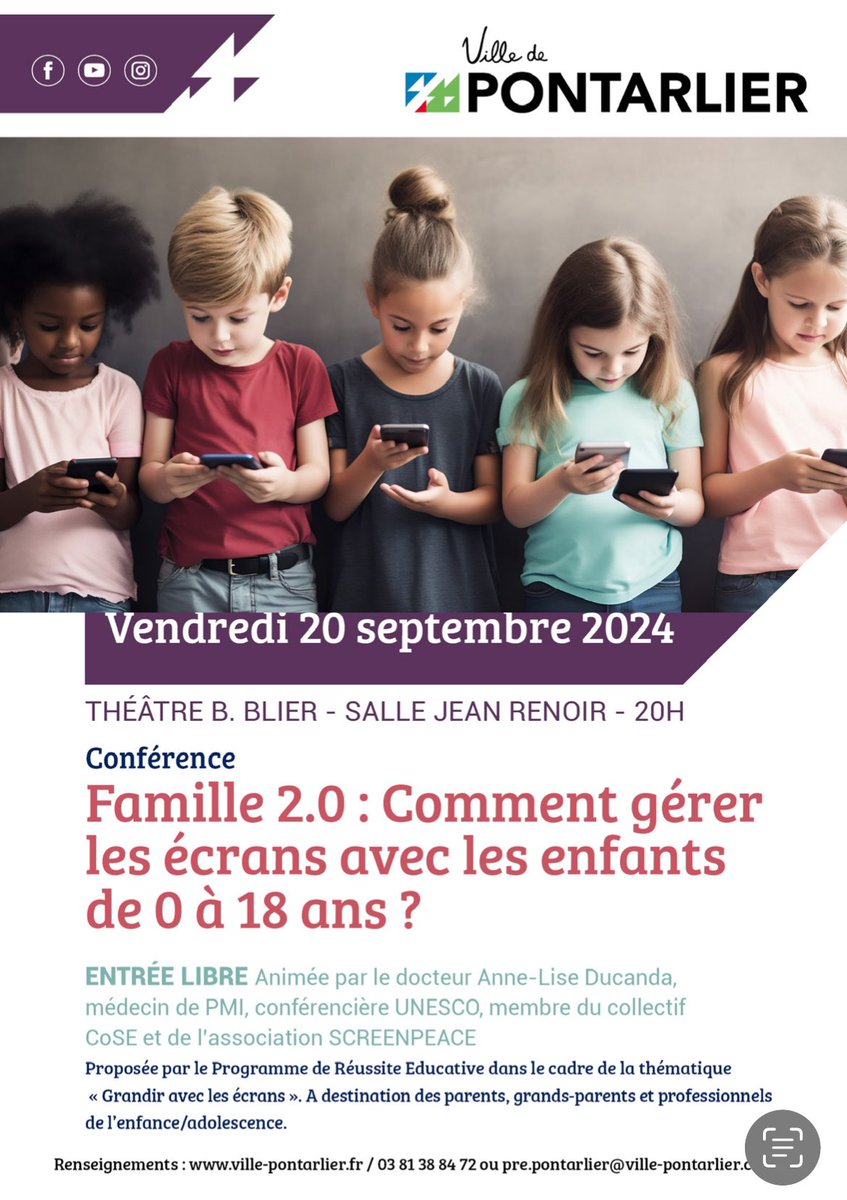 À ne pas manquer vendredi soir à 20 au théâtre B Blier de <a href="/VieDePontarlier/">Vie de Pontarlier</a> la conférence de Anne-Lise Ducanda, médecin en PMI, conférencière UNESCO sur la gestion des écrans dans la famille.