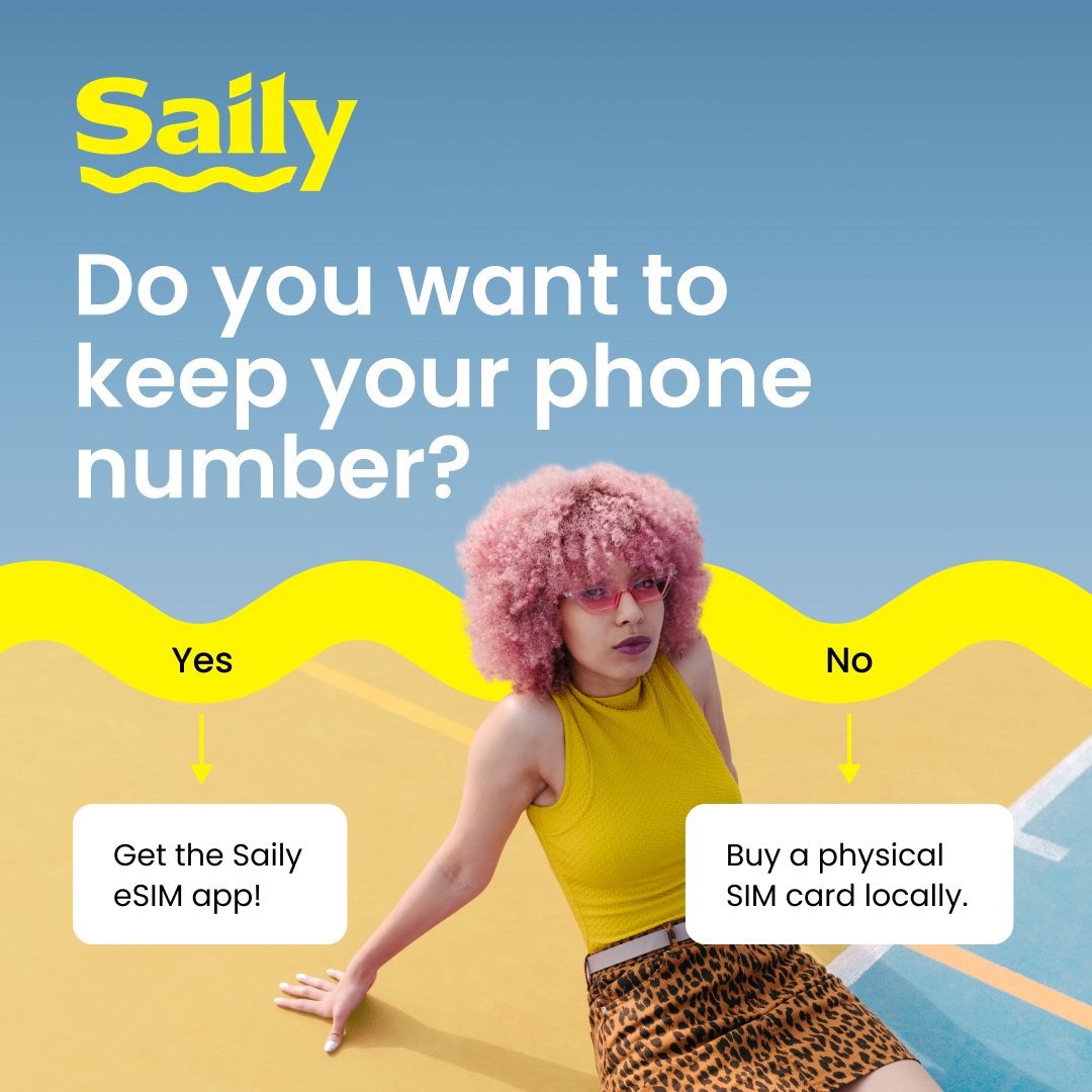 You just landed at your destination. You want to stay connected. Will you start using Saily — the worldwide eSIM service? Or will you go looking for the nearest supermarket to buy a SIM card?   
Keep your phone number. Avoid plastic waste. Browse with the #Saily eSIM app.