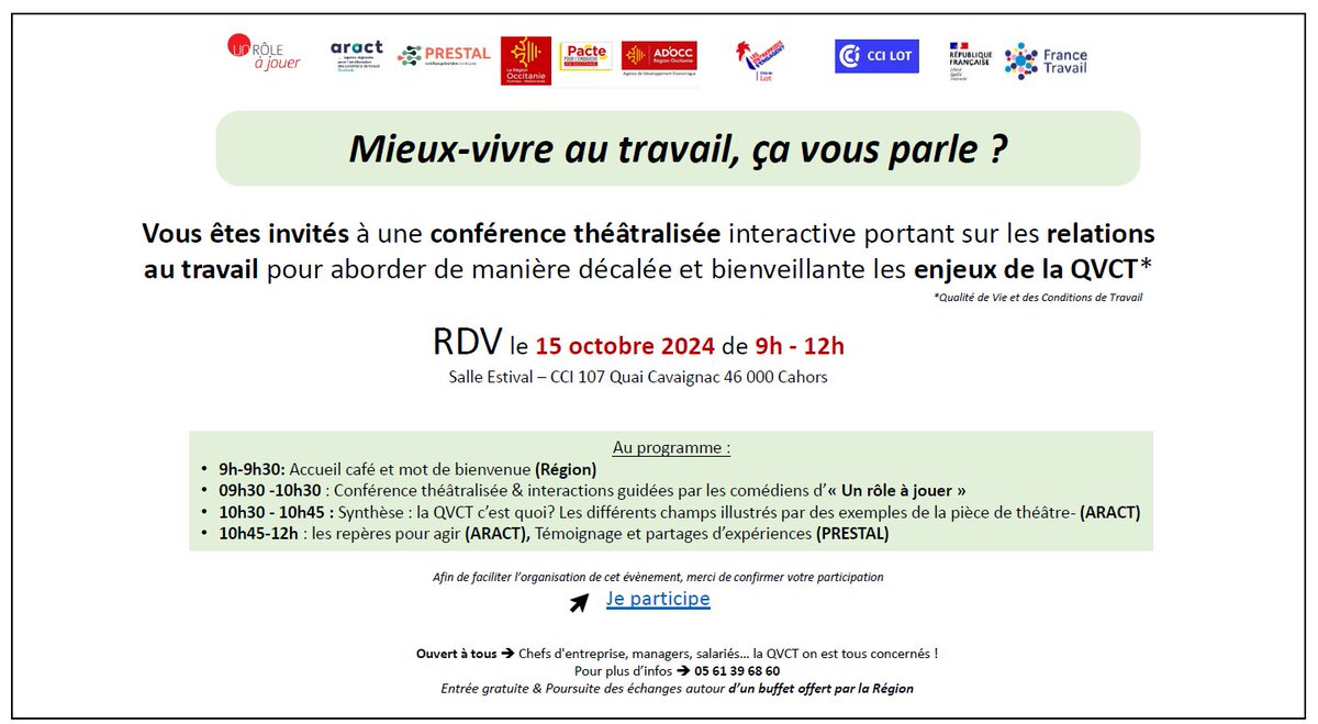 AractOccitanie's tweet photo. Mieux-vivre au travail, ça vous parle ?
Participez à la conférence théâtralisée interactive pour aborder de manière décalée et bienveillante les enjeux de la #QVCT

⏰ 15/10 9h-12h
📌 Cahors
🖊 https://t.co/CTUGy5kFoU

@Occitanie @ADOCC_  @CCILOT @FranceTravail 
@communauteLESE https://t.co/jsOsv0LKd2