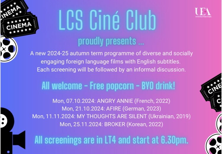Languages @ UEA (@languages_uea) on Twitter photo 🎥🍿LCS Ciné Club proudly presents a new autumn programme of diverse and socially engaging foreign language films with English subtitles. Each screening will be followed by an informal discussion. All welcome! Free popcorn. BYO drink. See you there! <a href="/FTM_UEA/">Film TV & Media UEA</a> <a href="/UEA_journalism/">UEA Journalism</a> 🎥🍿LCS Ciné Club proudly presents a new autumn programme of diverse and socially engaging foreign language films with English subtitles. Each screening will be followed by an informal discussion. All welcome! Free popcorn. BYO drink. See you there! <a href="/FTM_UEA/">Film TV & Media UEA</a> <a href="/UEA_journalism/">UEA Journalism</a>