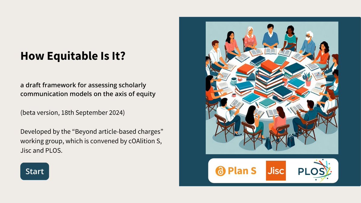Introducing "How Equitable Is It?": a tool to assess #equity in #ScholComm models on key criteria, incl. #OpenAccess, pricing transparency, #OpenResearch.
Developed by the beyond article-based charges working group, chaired by <a href="/cOAlitionS_OA/">cOAlition S</a> <a href="/Jisc/">Jisc</a> <a href="/PLOS/">PLOS</a>
➡coalition-s.org/new-tool-to-as…