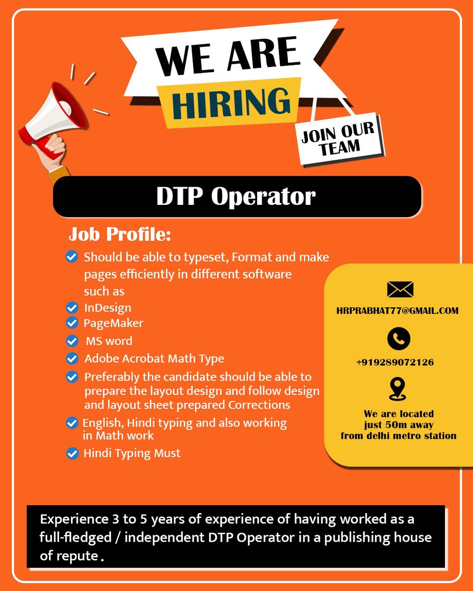 prabhatbooks's tweet image. Only For Delhi NCR Candidates !

Job Type : Full Time
Location : Delhi

#dtpoperator #desktoppublishing #jobvacancy #jobopportunity #prabhatprakashan