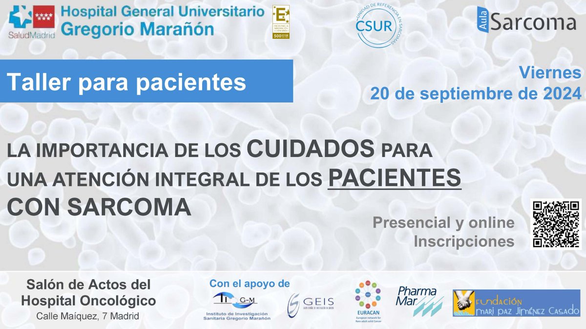 Beatriz Castillo (@beatriz_epa) on Twitter photo Taller para pacientes oncológicos y familiares: “La importancia de los cuidados para una atención integral de los pacientes con sarcoma”
🕜20/09/24, 11:30
Salón Actos Pabellón oncológico <a href="/SarcomasHGUGM/">Sarcomas Hospital Gregorio Marañón</a> (Calle Maiquez 7, planta baja).
aulasarcoma.com Taller para pacientes oncológicos y familiares: “La importancia de los cuidados para una atención integral de los pacientes con sarcoma”
🕜20/09/24, 11:30
Salón Actos Pabellón oncológico <a href="/SarcomasHGUGM/">Sarcomas Hospital Gregorio Marañón</a> (Calle Maiquez 7, planta baja).
aulasarcoma.com