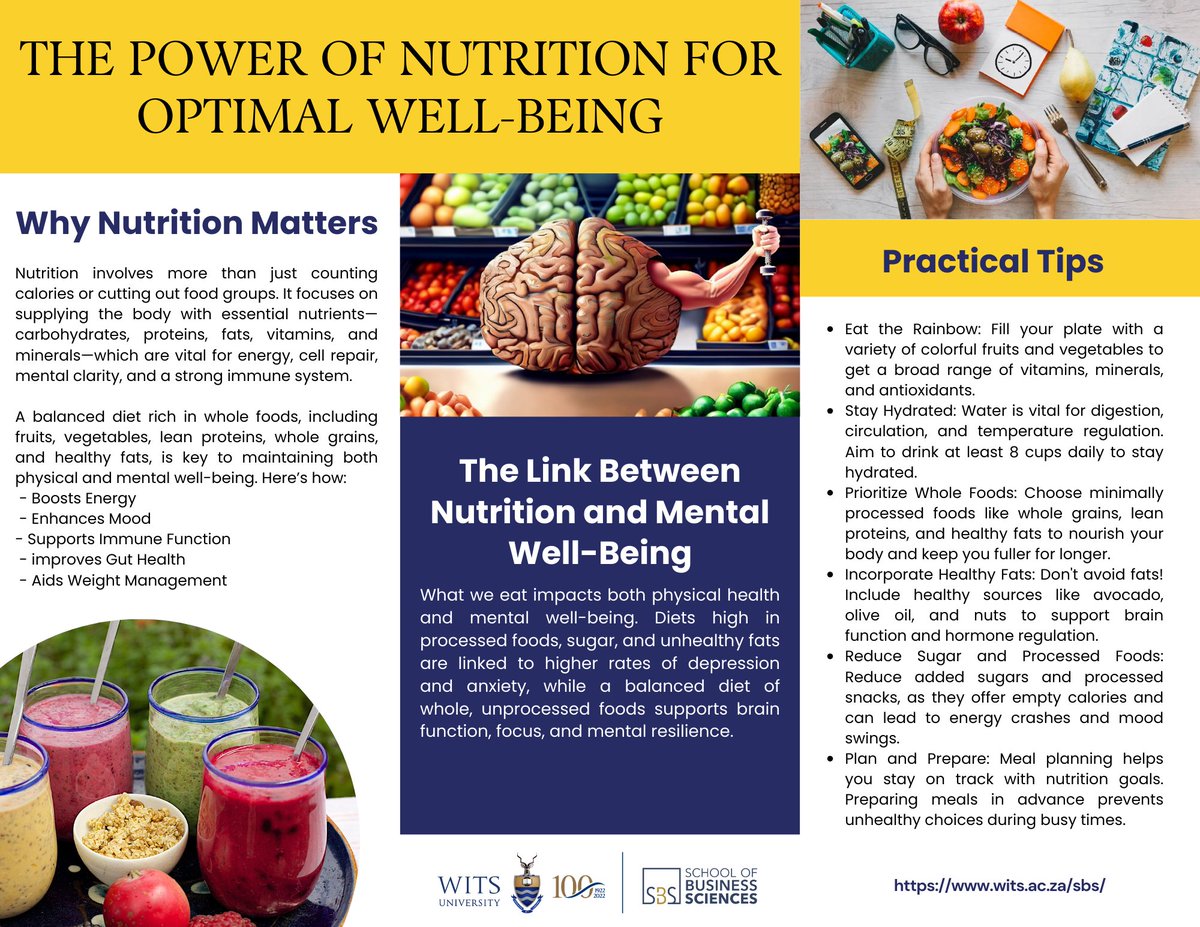 The Power of Nutrition for Optimal Well-Being - We today explore how proper nutrition fuels our body, mind and overall well-being, and why embracing nutritious habits can transform our lives.
#WellnessWednesday
#WitsForGood #healthyliving #healthandwellness