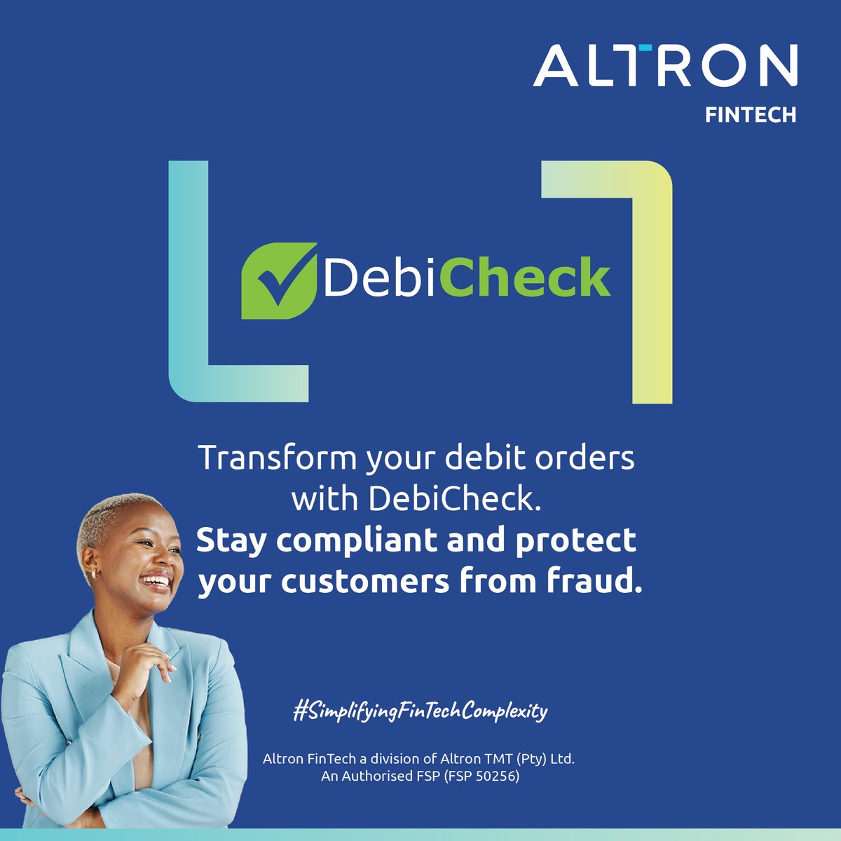 AltronFinTech's tweet image. Stay ahead in the game of compliance and customer protection with DebiCheck! Ensure your debit orders are securely authenticated, giving your customers peace of mind. eu1.hubs.ly/H0c71YF0

 #AltronFinTech #SimplifyingFinTechComplexity #DebiCheck