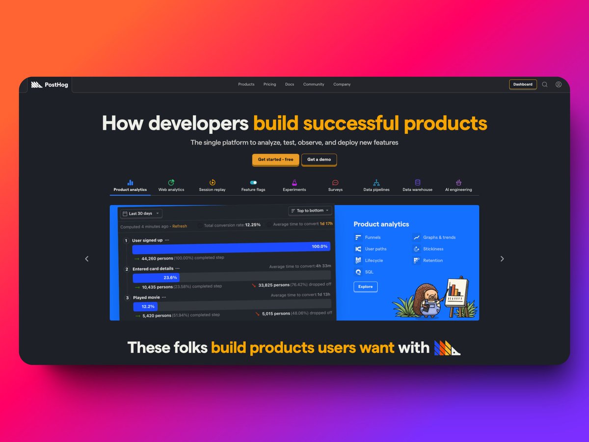 aanandmadhav's tweet image. Show me a more beautiful opensource product than @posthog. Man the scale of their offerings and how each and every screen follows design aesthetics. 

#opensource #beautifulopensource #shoftwaredevelopment