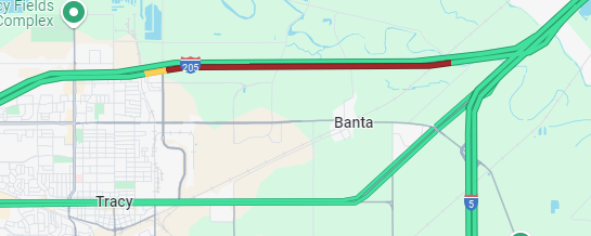 KCBSAMFMTraffic's tweet photo. #Tracy #Lathrop #Manteca -- The TWO left lanes of eastbound #Interstate205 remain CLOSED because of a crash involving two overturned vehicles, only the right lane is getting through. Heavy from MacArthur Drive. #KCBSTraffic. https://t.co/zB85BNbiqj