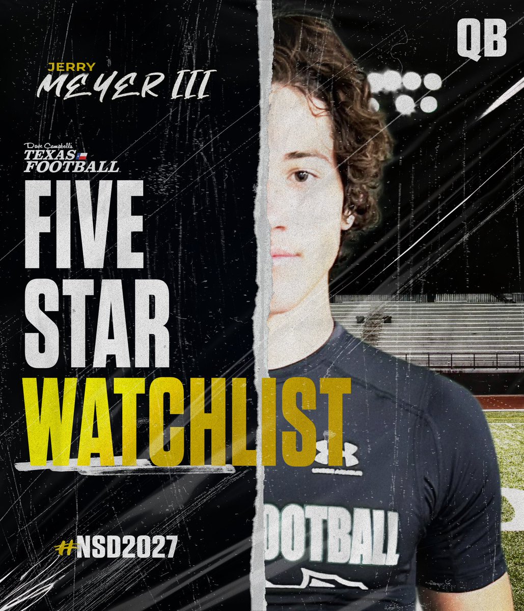 GPowersScout's tweet photo. 2027 Waxahachie QB Jerry Meyer III has attained ⭐️⭐️⭐️⭐️ status and has been named to the Five-Star Watchlist!

@Jerry_meyerr | @NDNFootball | @dctf | #txhsfb

Complete 2027 Five-Star Watchlist: https://t.co/TKhjBpCZK4 https://t.co/Nz8M5xsngP