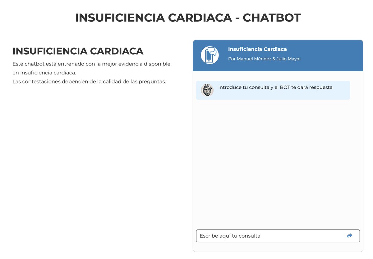 juliomayol's tweet photo. Aquí tenéis el #chatbot gratuito de insuficienca cardiaca de @mendez_bailon, un proyecto colaborativo con el Grupo de Innovación de @IIS_IdISSC @iClinicoMadrid @fmedicinaUniCM https://t.co/E5Vzkfvtrv 
#GenAI #AI #IA #Innovation https://t.co/G6s6R2H8EX