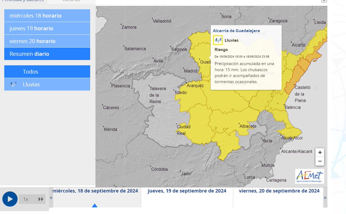 ⚠️ PRECAUCIÓN: AVISO AMARILLO POR LLUVIAS

La <a href="/AEMET_Esp/">AEMET</a>  ha activado el🟡 aviso amarillo🟡para esta tarde del miércoles en toda la provincia de #Guadalajara, incluyendo a #VillanuevaDeLaTorre, por riesgo de lluvias y tormentas ⛈🌧🌩

🙏 Por favor, mucha precaución