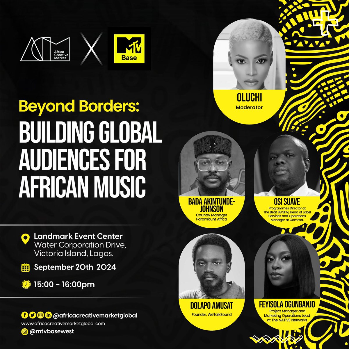 Join MTV Base at ACM’s Music Day on September 20th in Lagos for insights on expanding African music globally and sampling techniques. 

Secure your place! By registering below: 

bit.ly/MTVmusicday 

Time: 15:00 - 17:00 WAT 

📍 Landmark Event Centre, Victoria Island, Lagos