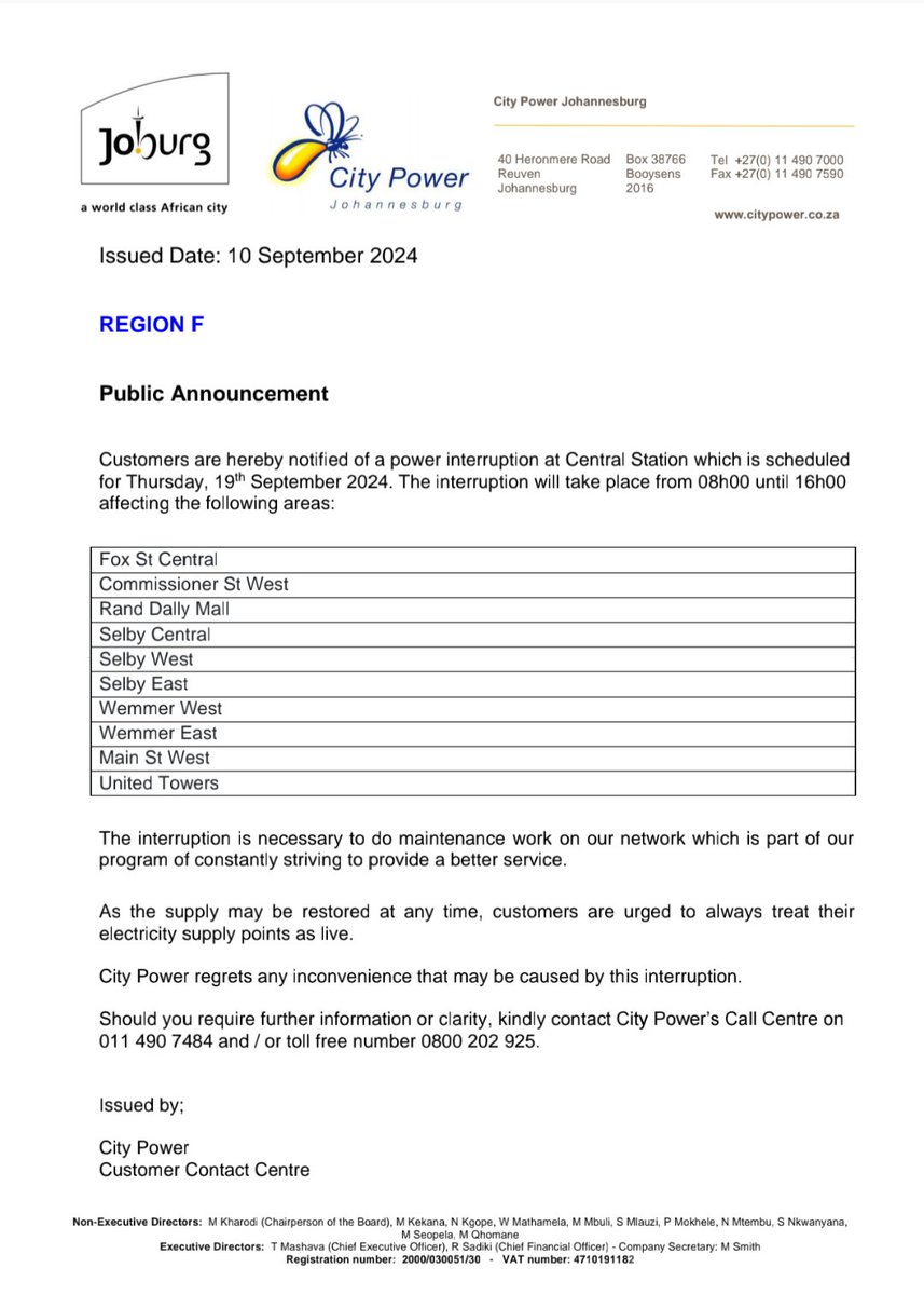 CityPowerJhb's tweet photo. #CityPowerUpdates #RegionF #InnerCitySDC
Customers are hereby notified of a power interruption at Central Station which is scheduled for Thursday, 19 September 2024. The interruption will take place from 08h00 until 16h00 affecting the following areas π. ^ZD https://t.co/uIe7NwYPhx