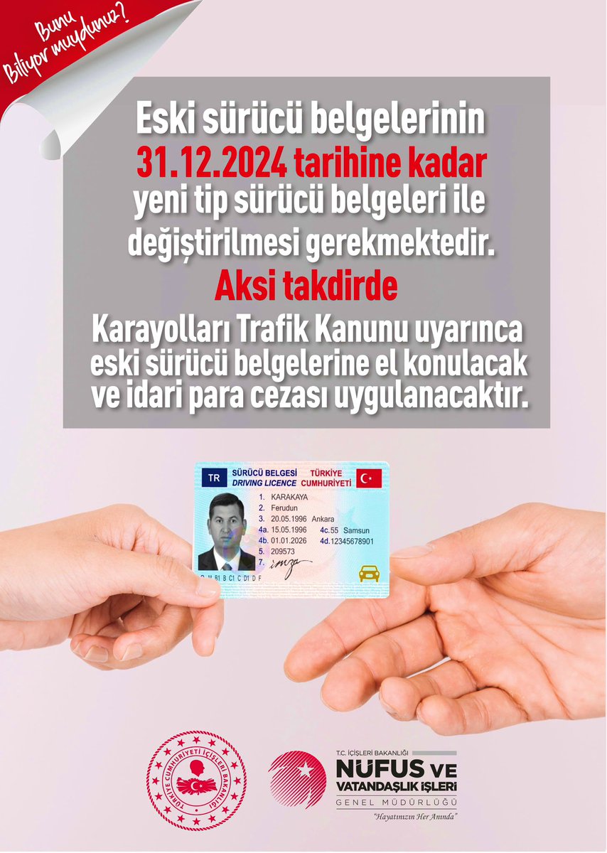 Eski sürücü belgelerinin 31.12.2024 tarihine kadar yeni tip sürücü belgeleri ile değiştirilmesi gerekmektedir.Vatandaşlarımızın mağdur olmaması için en kısa sürede Nüfus Müdürlüğümüze müracaat etmeleri rica olunur.
#hayatınızınheranında
<a href="/TC_Balikesir/">Balıkesir Valiliği</a> <a href="/TC_Marmara/">Marmara Kaymakamlığı</a>
 <a href="/Balikesir_nvi/">Balıkesir İl Nüfus ve Vatandaşlık Müdürlüğü</a>