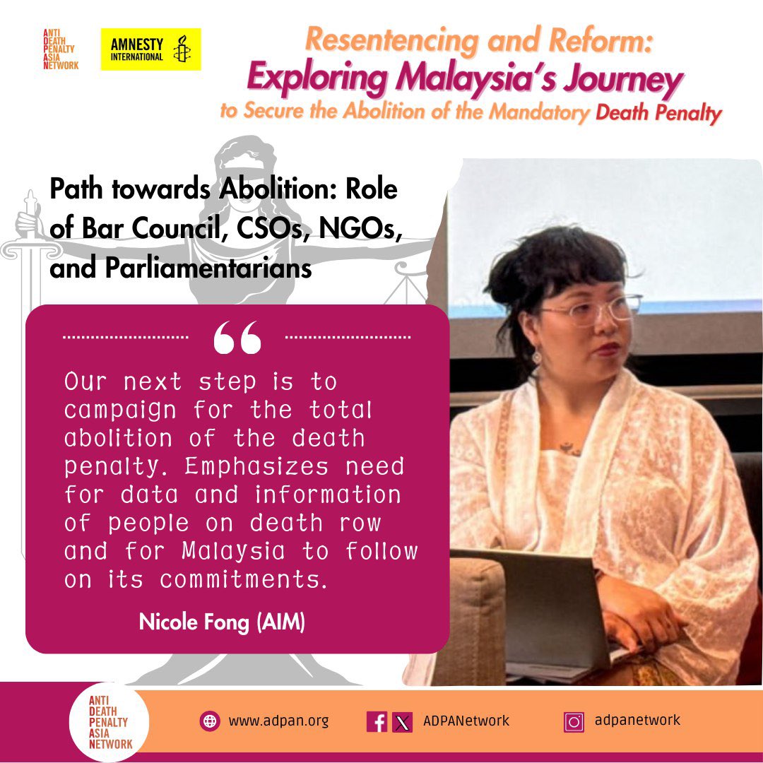 ADPANetwork's tweet photo. Nicole Fong of Amnesty International Malaysia stresses the need for data on death row cases and calls for Malaysia to honor its commitments as we push for the total abolition of the death penalty.

#AbolitionMovement #Malaysia #JusticeForAll #HumanRights #NoDeathPenalty #ADPAN https://t.co/VimhV5ZPaR