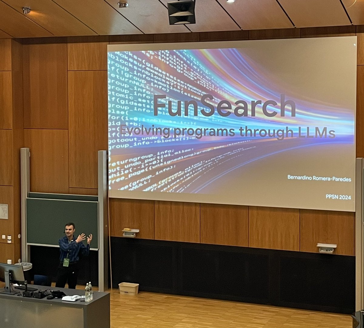 PPSN2024 (@ppsn2024) on Twitter photo ⭐️Last keynote by Bernardino Romera-Paredes (<a href="/ber24/">Bernardino Romera-Paredes</a>) ⭐️
FunSearch. Evolving programs theoufh LLMs ⭐️Last keynote by Bernardino Romera-Paredes (<a href="/ber24/">Bernardino Romera-Paredes</a>) ⭐️
FunSearch. Evolving programs theoufh LLMs