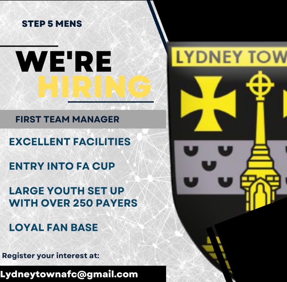 Lydney Town AFC (@lydneytownafc) on Twitter photo We are now welcoming applications for the role of first team manager and would encourage all those interested to apply at Lydneytownafc@gmail.com We are now welcoming applications for the role of first team manager and would encourage all those interested to apply at Lydneytownafc@gmail.com