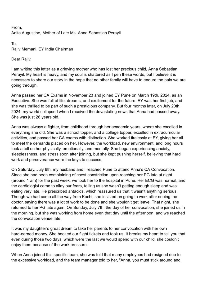 imcaraj's tweet image. Feel the level of pain of a mother writing this letter🥲

We should also work on this aspect of our profession
It is really sad to know that none from @EYnews came forward for her Antim yatra. Members in Industry should be provided all safety and good environment to work
#CAUnity