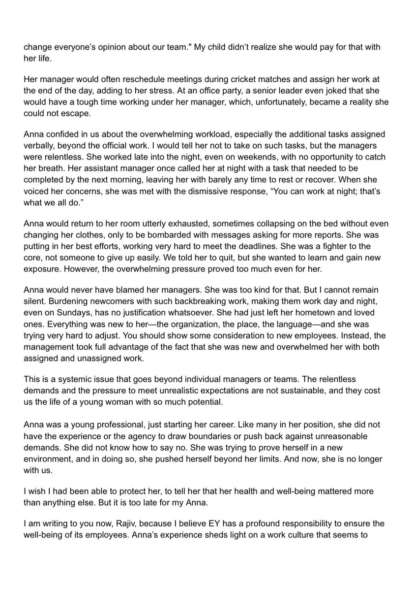 imcaraj's tweet image. Feel the level of pain of a mother writing this letter🥲

We should also work on this aspect of our profession
It is really sad to know that none from @EYnews came forward for her Antim yatra. Members in Industry should be provided all safety and good environment to work
#CAUnity