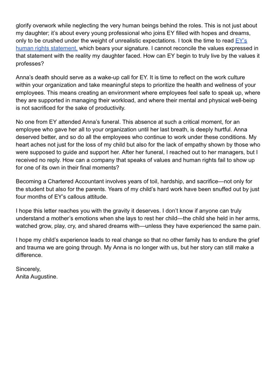 imcaraj's tweet image. Feel the level of pain of a mother writing this letter🥲

We should also work on this aspect of our profession
It is really sad to know that none from @EYnews came forward for her Antim yatra. Members in Industry should be provided all safety and good environment to work
#CAUnity