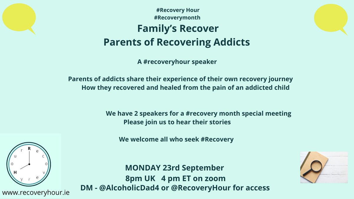 AlcoholicDad4's tweet photo. #recoveryhour #recoveryposse
Mon 23rd
We are delighted to invite Families,Parents of people in #recovery to hear speakers share experience as a Family Member/Partner/Parent
An opportunity to listen, learn & ask questions
We welcome all who seek #recovery
DM for access codes https://t.co/ITKo3w2pQx