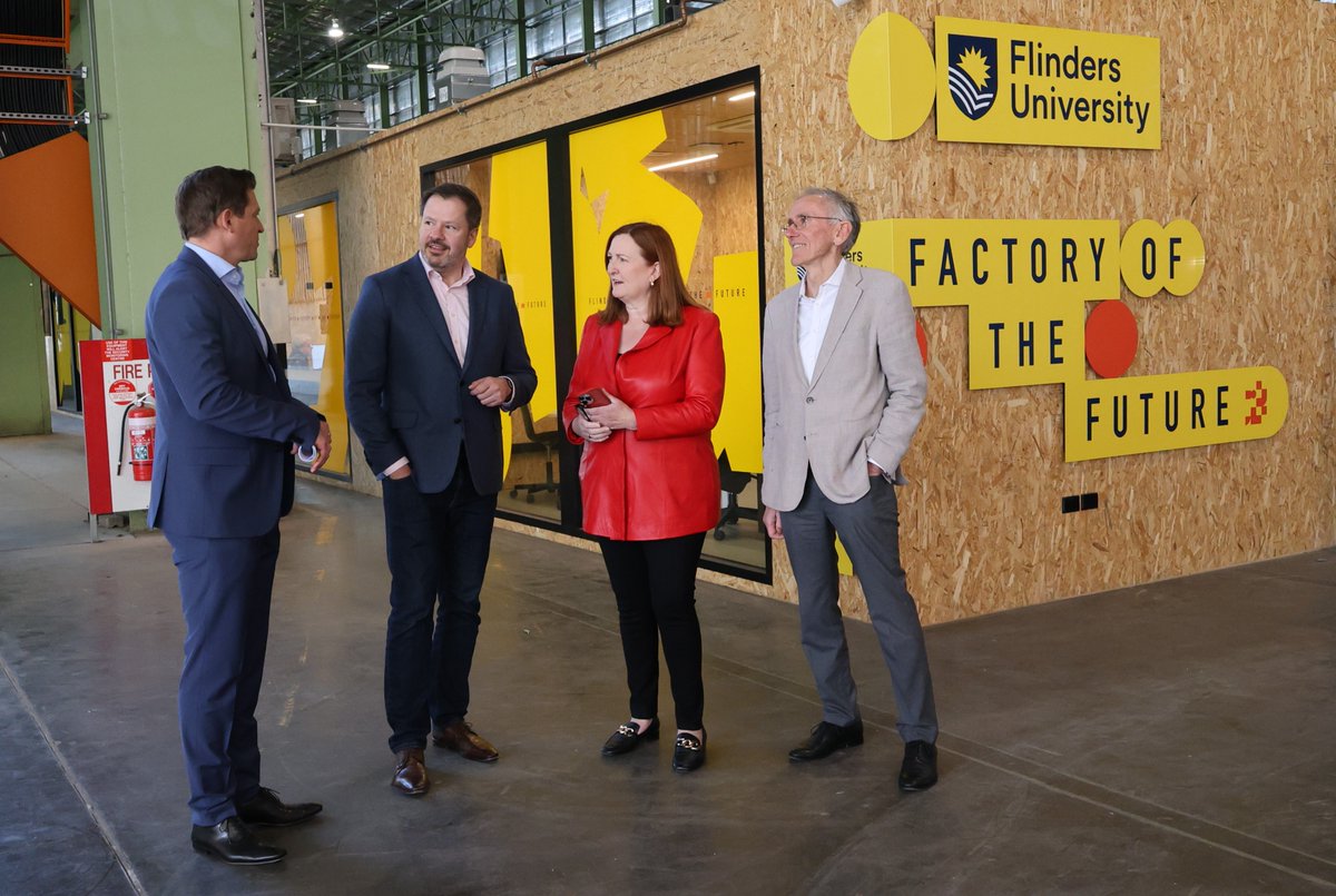 Flinders's tweet photo. Flinders is making great strides in innovation and industry collaboration. Today @IndustryGovAu Federal Minister Ed Husic MP &amp; Federal Member Louise Miller-Frost MP toured Flinders Factory of the Future @TonsleySA to assess progress following the $10.1 million funding commitment. https://t.co/s8CGwvJSqg