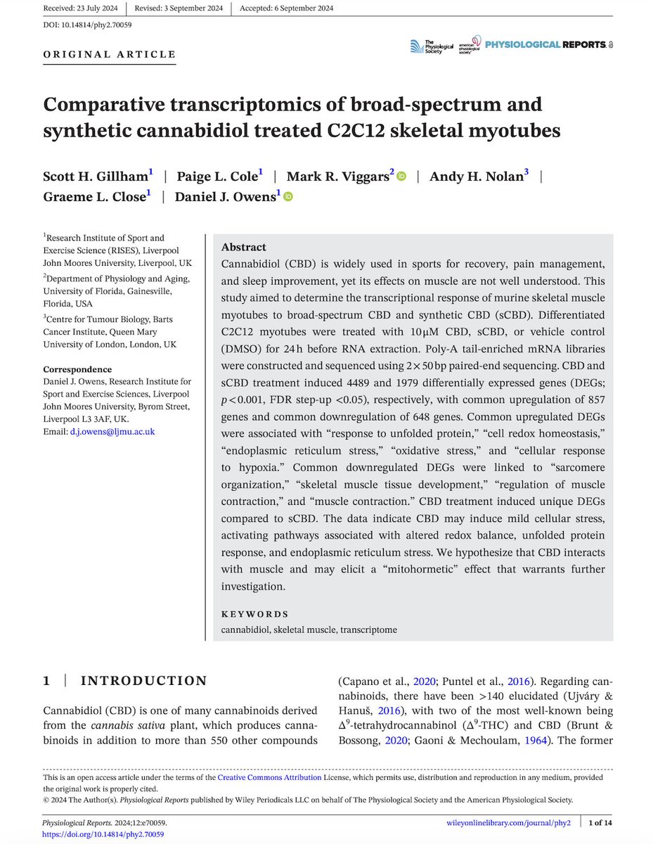 GillhamScott's tweet photo. Extremely happy to see the second chapter from my PhD published today in @PhysRep. Here we investigated the comparative transcriptomics of synthetic and broad-spectrum CBD in muscle.

#CBD #Cannabidiol #Cannabinoids #CannabisResearch #Muscle #Physiology

https://t.co/sAE2HkI7yN https://t.co/4hikKdy8xY