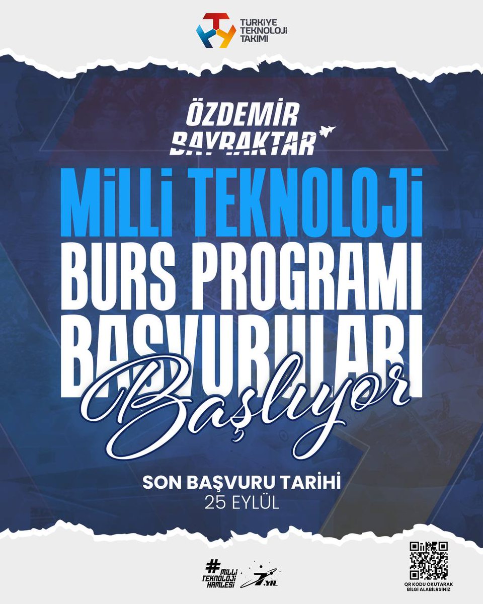 hkunv's tweet photo. 📢Akademik paydaşı olduğumuz Teknofest’i düzenleyen Türkiye Teknoloji Takımı (T3) Vakfı’nın yürüttüğü; 2024-2025 Eğitim-Öğretim Dönemi "Özdemir Bayraktar Millî Teknoloji Burs Programı" başvuruları başladı ❗

����Eğitim Destek Burs Programı 📚
💢Yükselen Yıldız Burs Programı 🌟
💢Eğitmen Mentor Burs Programı 👤
💢Sen Geleceksin Burs Programı 🚀

🗓️Son Başvuru Tarihi: 25 Eylül

Başvuru ve detaylı bilgi için: ⏬👇⏬

https://t.co/vEeGyv5ucu

@T3Vakfi

#hkunv  #T3vakfı #TürkiyeTeknolojiTakımı #ÖzdemirBayraktarMilliTeknolojiBursProgramı #Burs #SenGeleceksinDiye