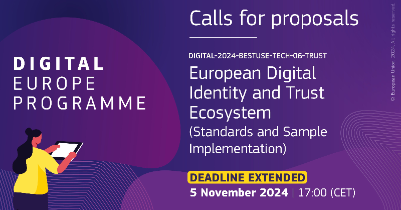 DigitalEU's tweet photo. ⏳ Extra time to shape the future!
Don't miss this chance to contribute to the #EUDigitalIdentity Wallet deployment.
📣 The deadline for the European Digital Identity and Trust Ecosystem call has been extended!
📅 ⤵️ Apply by: 5 November 2024, 17:00 CET
#DigitalEUProgramme