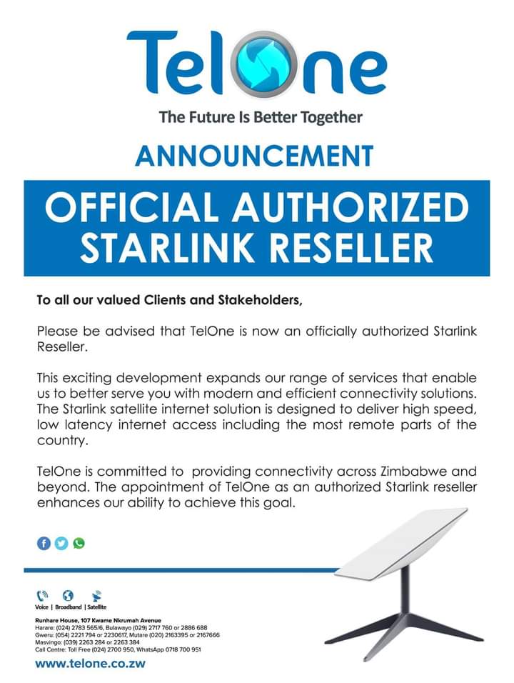 Right!

Even <a href="/TelOneZW/">Tel·One</a> has joined the list of official authorised <a href="/Starlink/">Starlink</a> reseller. This is what should have been done from the very beginning not to be complicated about it. Work through existing service providers and let them enjoy part of the pie