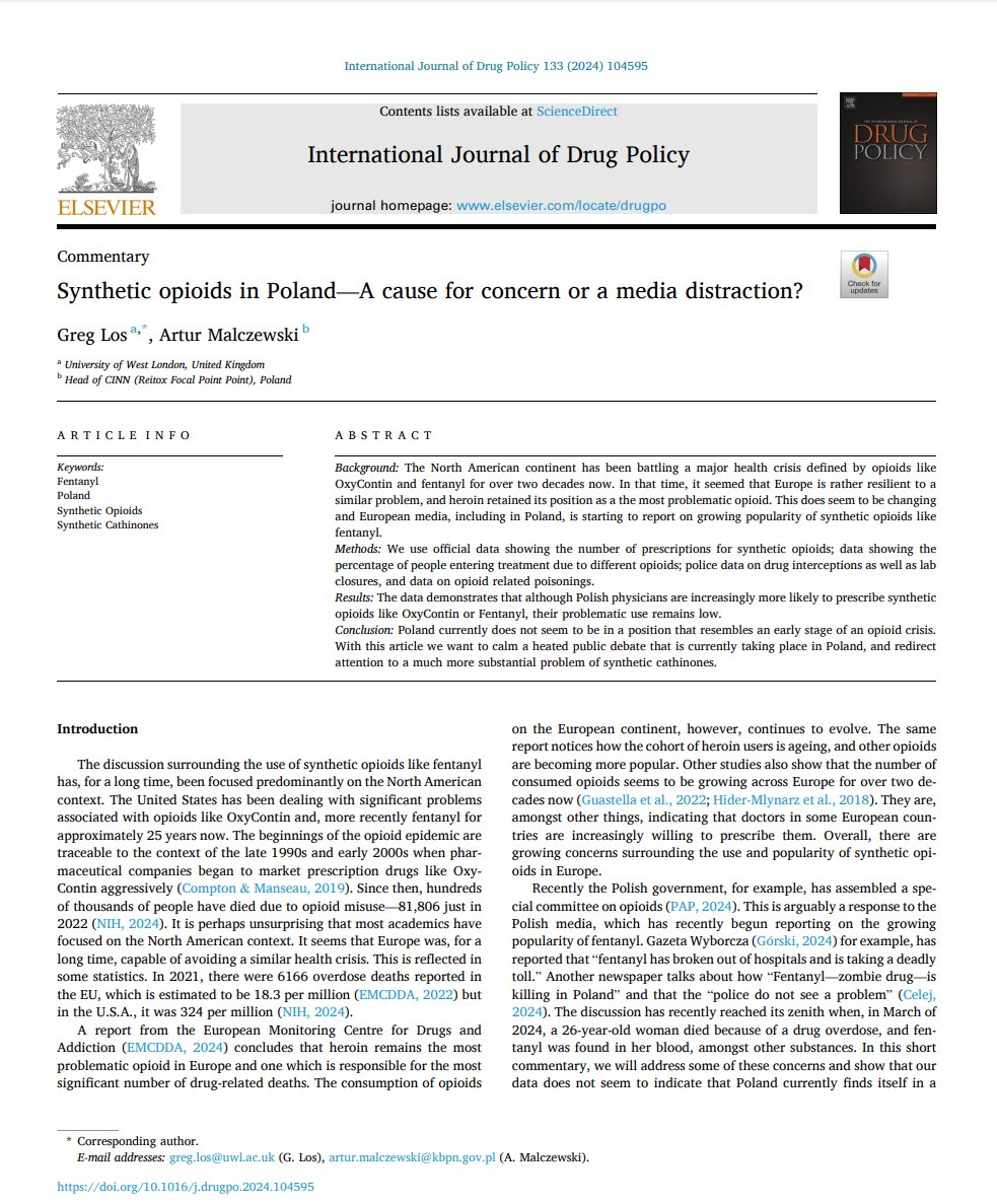 Greg Los (@gregl95) on Twitter photo Synthetic opioids in Poland - the media is exaggerating the scale of the problem, but we encourage further research.
sciencedirect.com/science/articl…
#fentanyl #syntheticopioids #Poland #fentanylwpolsce Synthetic opioids in Poland - the media is exaggerating the scale of the problem, but we encourage further research.
sciencedirect.com/science/articl…
#fentanyl #syntheticopioids #Poland #fentanylwpolsce