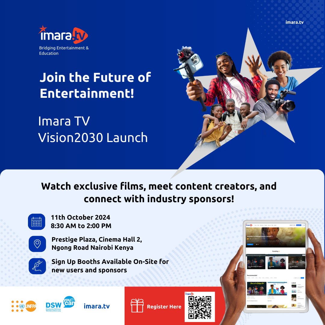 IMARATVKE's tweet photo. Join us for the ImaraTv Vision 2030 Strategic Launch🚀where we reveal our rebranded app with innovative features and share our roadmap for the future!

Don't miss out on the chance to spark change and elevate your ideas! 🔥#ImaraFilms #ImaraTVlaunch

Register Here: https://t.co/kIuiJIDEsN 
@UNFPAKen @DSWKenya