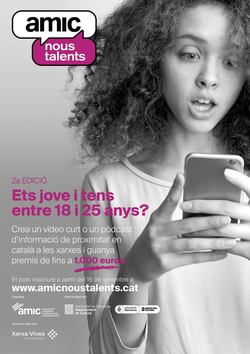🎙️Ja està en marxa la 2a edició del concurs <a href="/AmicNousTalents/">AMIC-Nous Talents</a> organitzat per @amic_acpg destinat a joves d’entre 18 i 25 anys per a la creació de videos curts i pòdcast d’informació de proximitat amb premis de fins a 1.000 €🎧

👉amicnoustalents.cat